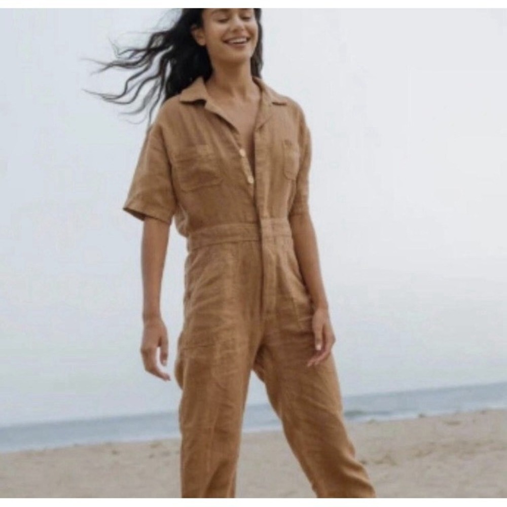 MATE THE LABEL 100% Linen Short Sleeve Jumpsuit Sedona Clay Brown sz M New!